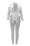 White Fashion Casual Patchwork Hollowed Out Turndown Collar Long Sleeve Two Pieces