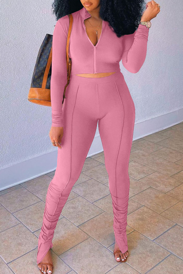 Pink Casual Solid Patchwork Fold Zipper Zipper Collar Long Sleeve Two Pieces