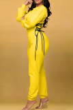 Yellow Casual Solid Draw String O Neck Long Sleeve Two Pieces