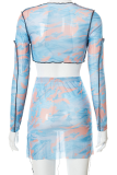 Blue Sexy Print Patchwork V Neck Long Sleeve Two Pieces