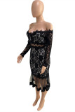 Black Sexy Patchwork Embroidered Backless Off the Shoulder Long Sleeve Dresses