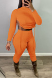 Tangerine Red Sexy Solid Patchwork Draw String Backless O Neck Long Sleeve Two Pieces