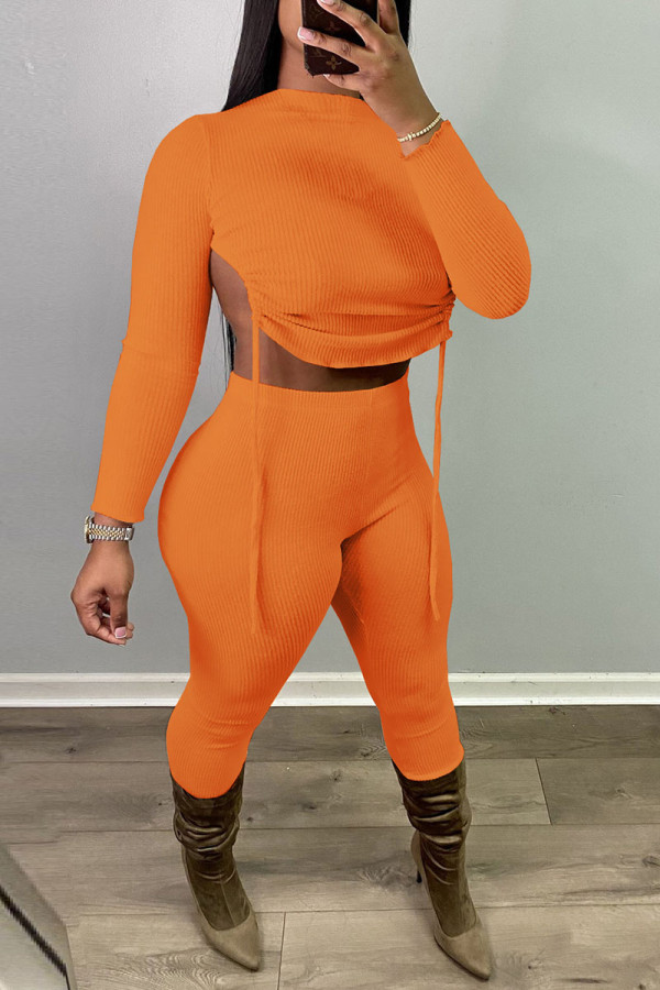 Tangerine Red Sexy Solid Patchwork Draw String Backless O Neck Long Sleeve Two Pieces