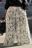 White Casual Print Patchwork Loose High Waist Wide Leg Full Print Bottoms