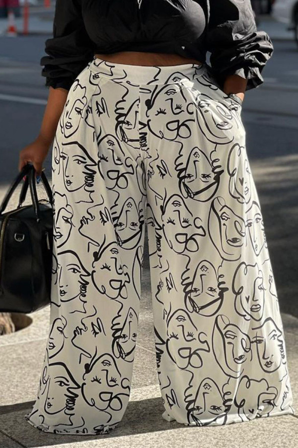 White Casual Print Patchwork Loose High Waist Wide Leg Full Print Bottoms