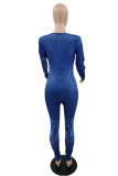 Deep Blue Fashion Casual Print Basic U Neck Skinny Jumpsuits