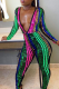 Multicolor Sexy Striped Patchwork V Neck Skinny Jumpsuits