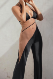 Black Sexy Solid Mesh Halter Boot Cut Jumpsuits