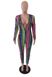 Multicolor Sexy Striped Patchwork V Neck Skinny Jumpsuits