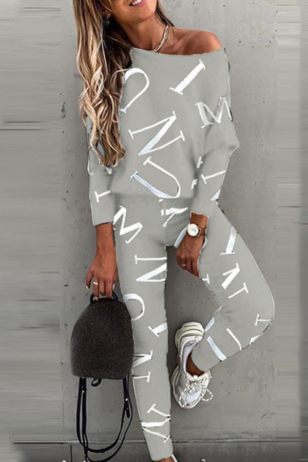 Grey Casual British Style Letter Print Patchwork O Neck Long Sleeve Two Pieces