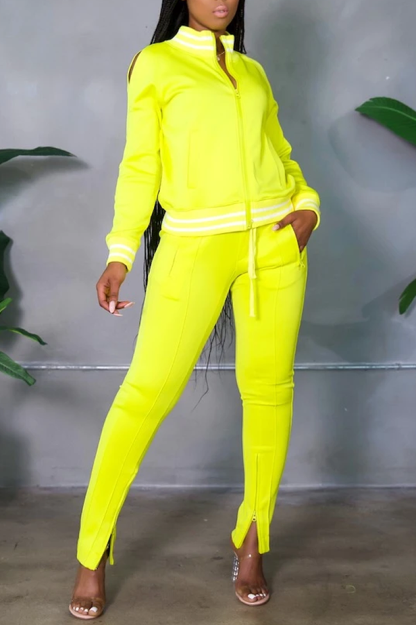 Yellow Casual Solid Patchwork Zipper Collar Long Sleeve Two Pieces