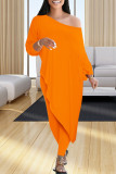Tangerine Casual Solid Patchwork Asymmetrical Off the Shoulder Three Quarter Two Pieces