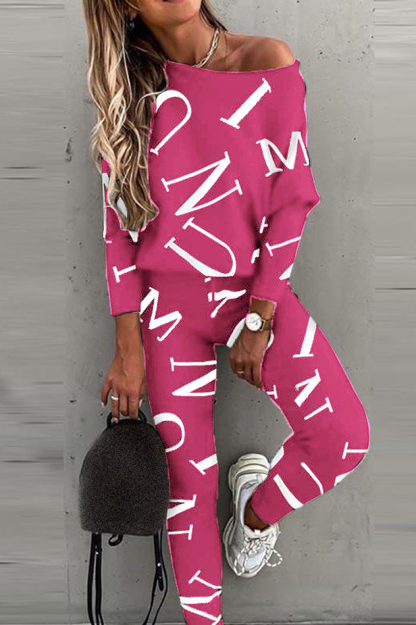 Fuchsia Casual British Style Letter Print Patchwork O Neck Long Sleeve Two Pieces