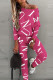 Fuchsia Casual British Style Letter Print Patchwork O Neck Long Sleeve Two Pieces