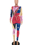 Multicolor Sexy Print Hollowed Out Patchwork Frenulum O Neck Skinny Jumpsuits