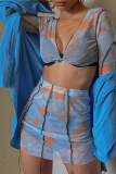 Blue Sexy Print Patchwork V Neck Long Sleeve Two Pieces