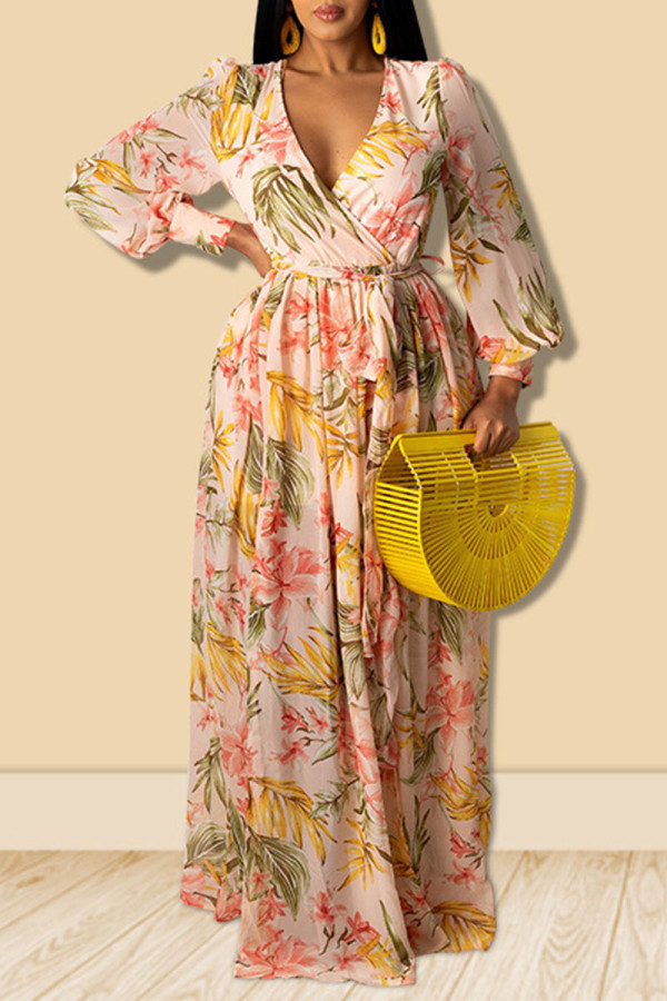 Yellow Sweet Print Patchwork V Neck Straight Dresses