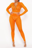 Orange Fashion Sexy Solid Hollowed Out See-through Zipper Collar Long Sleeve Two Pieces