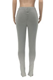 Grey Fashion Casual Solid Ripped Slit Skinny High Waist Pencil Trousers