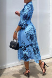 Yellow Fashion Sexy Print Slit Turndown Collar Shirt Dress