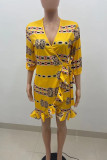 Yellow Casual Print Bandage Split Joint Flounce Asymmetrical V Neck Straight Plus Size Dresses