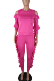 Rose Red Casual Solid Flounce O Neck Long Sleeve Two Pieces