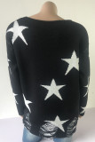 Red Casual Print The stars Ripped Patchwork O Neck Tops