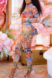 Orange Sexy Print Patchwork Hooded Collar Long Sleeve Two Pieces