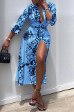 Yellow Fashion Sexy Print Slit Turndown Collar Shirt Dress
