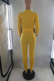 Yellow Casual Solid Draw String O Neck Long Sleeve Two Pieces