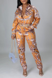 Yellow Casual Print Patchwork Buckle Turndown Collar Long Sleeve Two Pieces