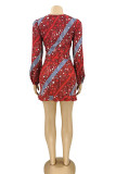 Red Casual Print Patchwork Draw String Flounce Fold Asymmetrical V Neck Long Sleeve Two Pieces