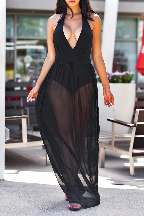 Black Sexy Solid See-through Halter Mesh Dress