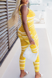 Yellow Sexy Striped Patchwork V Neck Skinny Jumpsuits