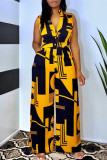 Yellow Fashion Casual Print Basic V Neck Regular Jumpsuits