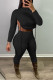 Black Sexy Solid Patchwork Draw String Backless O Neck Long Sleeve Two Pieces