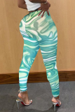 Cyan Sexy Patchwork Tie-dye Skinny High Waist Pencil Full Print Bottoms