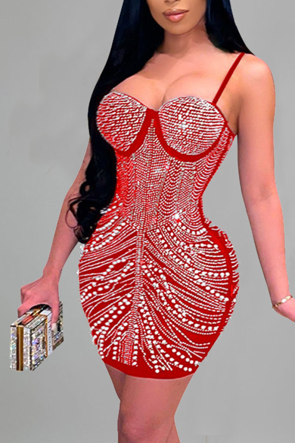 Red Sexy Solid Patchwork Hot Drill Spaghetti Strap Sling Dress Dresses