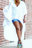 White Fashion Casual Solid Asymmetrical V Neck Tops