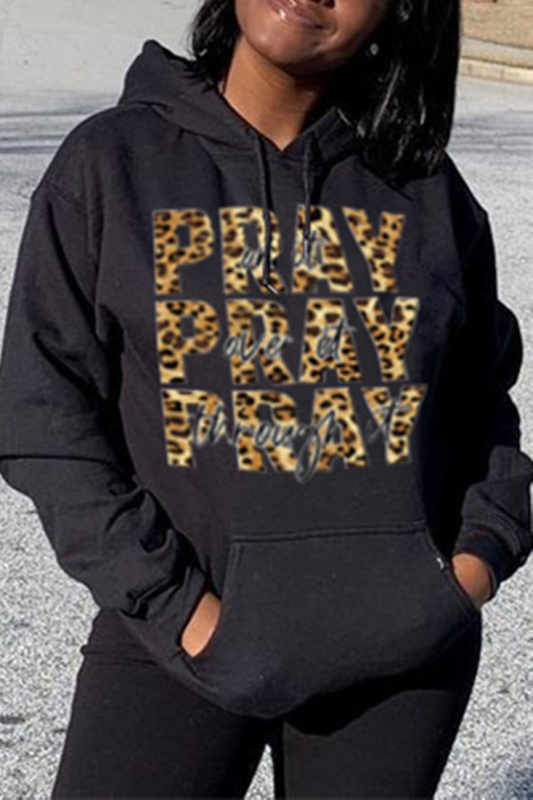 Black Fashion Casual Letter Print Basic Hooded Collar Tops