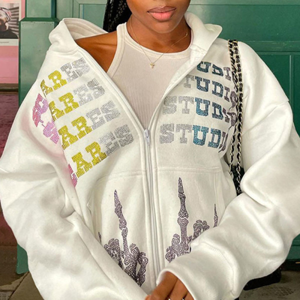 White Street Print Patchwork Zipper Hooded Collar Tops