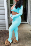 Pink Sexy Solid Split Joint V Neck Long Sleeve Two Pieces