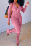 Pink Casual Solid Patchwork Fold Zipper Zipper Collar Long Sleeve Two Pieces