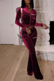 Burgundy Fashion Casual Letter Embroidery Solid Color Zipper Collar Long Sleeve Two Pieces