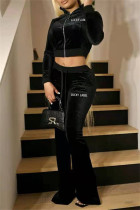 Black Fashion Casual Letter Embroidery Solid Color Zipper Collar Long Sleeve Two Pieces