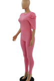 Pink Casual Solid Patchwork U Neck Short Sleeve Two Pieces