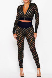 Orange Fashion Sexy Solid Hollowed Out See-through Zipper Collar Long Sleeve Two Pieces