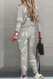 Pink Casual British Style Letter Print Patchwork O Neck Long Sleeve Two Pieces