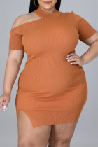 Brown Sexy Casual Plus Size Solid Hollowed Out Slit O Neck Short Sleeve Dress
