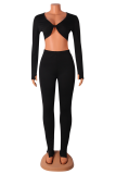 Pink Sexy Solid Split Joint V Neck Long Sleeve Two Pieces